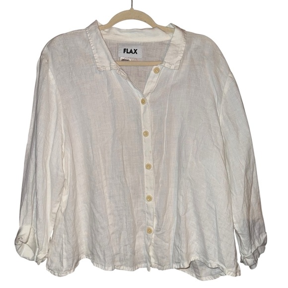 FLAX By Jeanne Engelhart Button Down White Linen Shirt Top Size Large - Picture 1 of 11